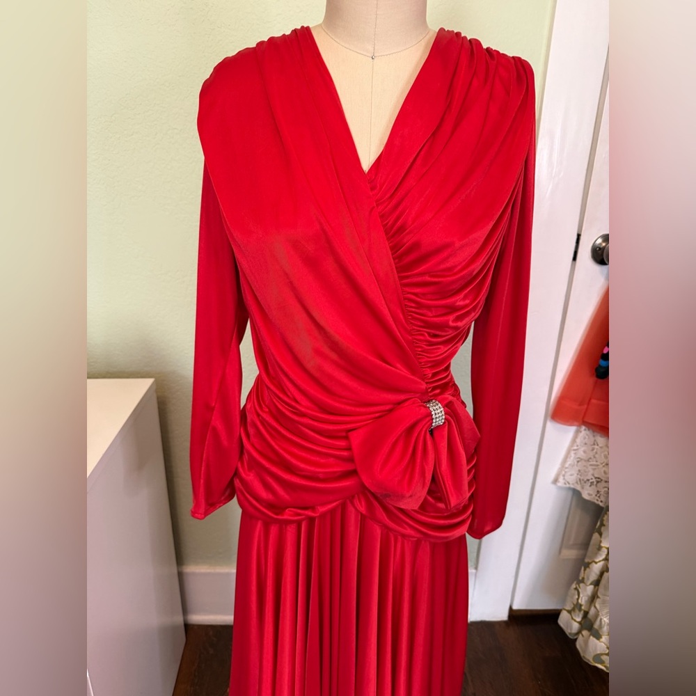 Vintage Red Draped Cocktail Dress Ruched Bodice Large - Picture 2 of 14